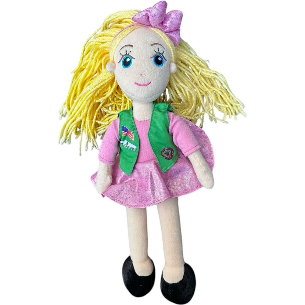 Girl Scout USA 15" Plush Doll Blonde Hair Green Vest Pink Dress Stuffed Animal